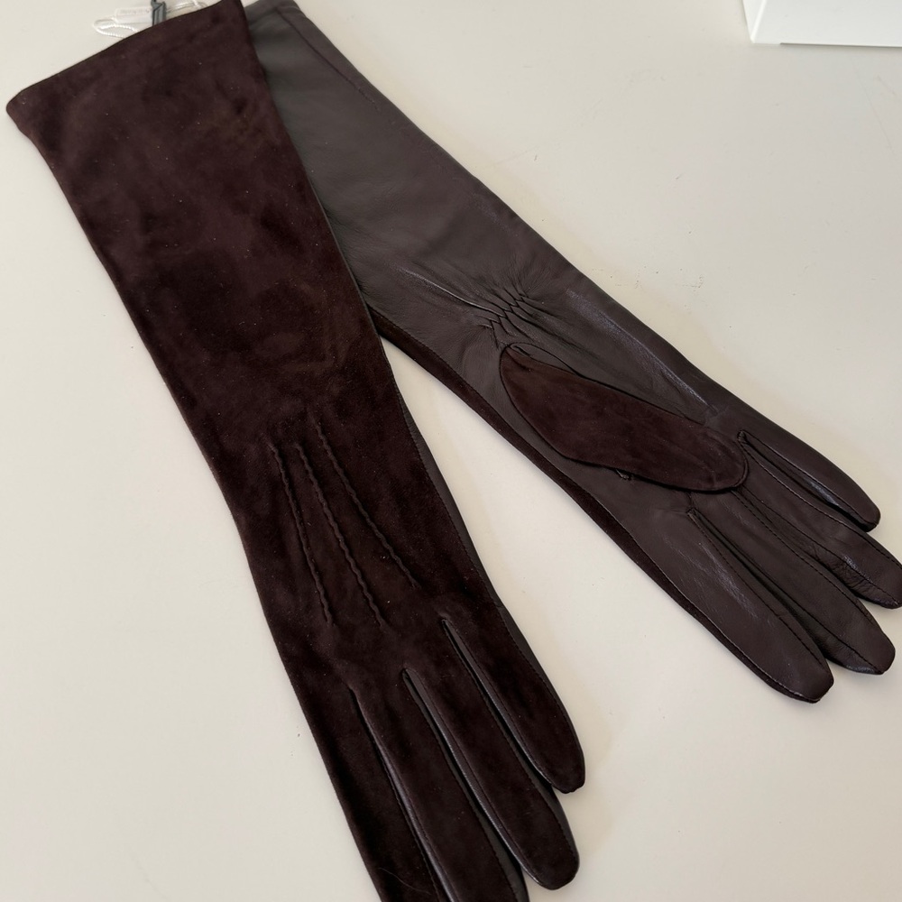 NWT Long Leather & Suede Opera Gloves Brown Premium 6.5